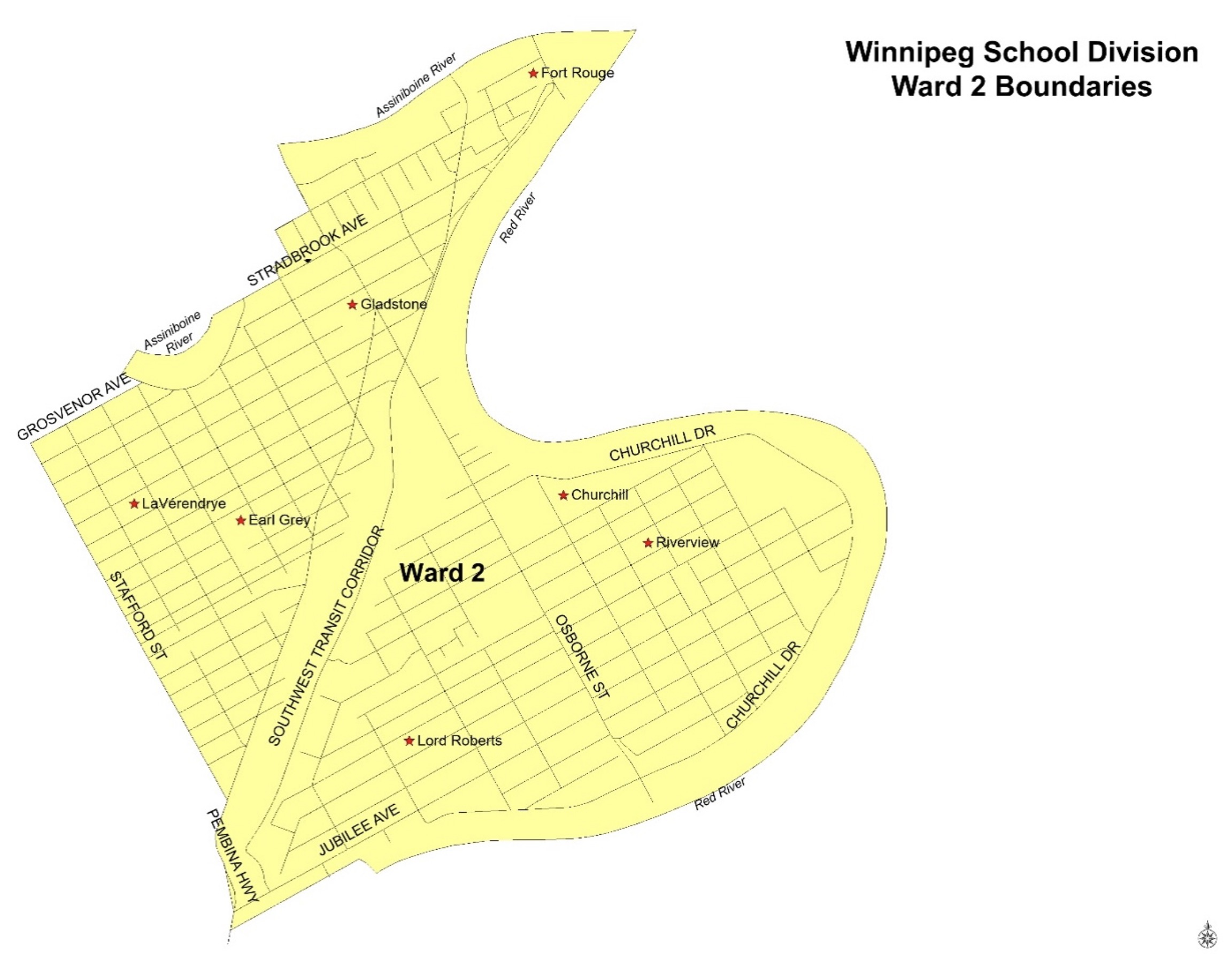 map of ward boundaries for WSD Ward 2, showing stafford on west, grosvenor, stradbrook and the assiniboine river on the north, and the red river from the forks to around pembina and jubilee on the east and south